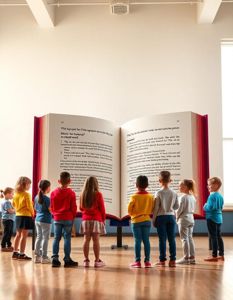 Grupo de niños entusiasmados frente a un gran libro