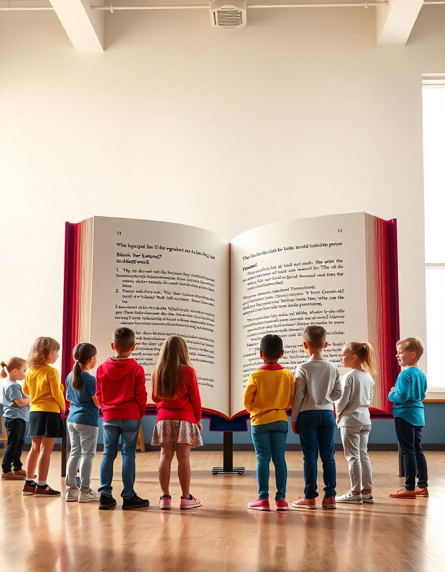 Grupo de niños entusiasmados frente a un gran libro